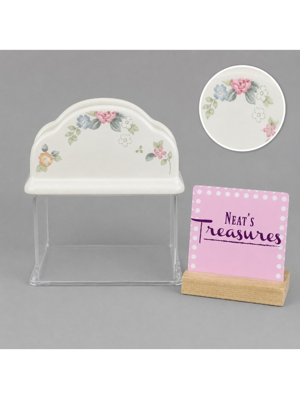 Vintage Pfaltzgraff WYNDHAM Stoneware Pink Gray Floral Scalloped Napkin Holder